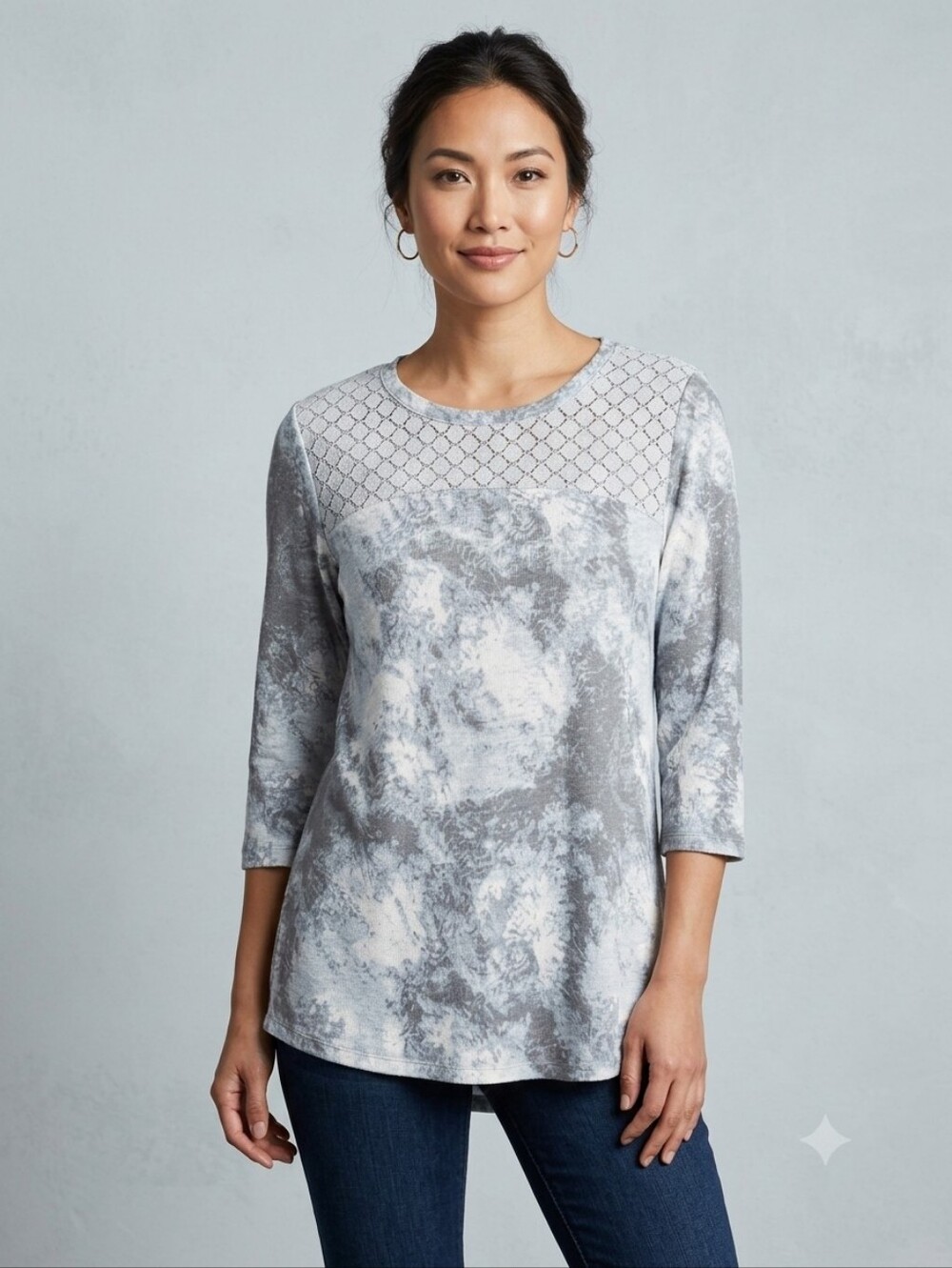 Paradise Shores Linen Blend Lace Yoke Tie Dye Top Gray L Boho Festival
